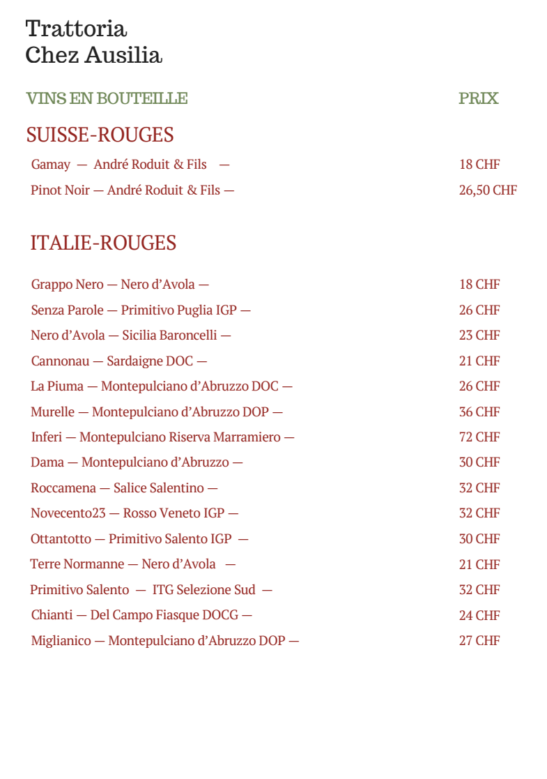 Menu des vins en bouteille